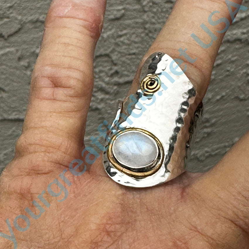 Hammered Sterling Silver Rainbow Moonstone Ring Adjustable Ring