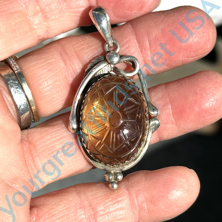 Hand Carved Golden Citrine & Sterling Silver Pendant Pendant