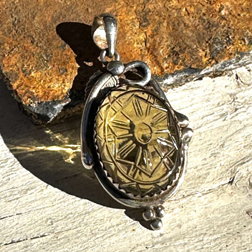 Hand Carved Golden Citrine & Sterling Silver Pendant Pendant