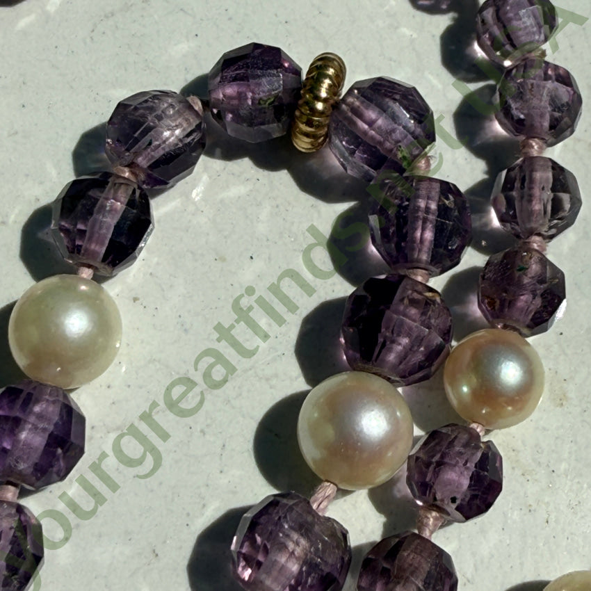 Hand Knotted Pearl & Amethyst Beaded Necklace 35’’ L necklace