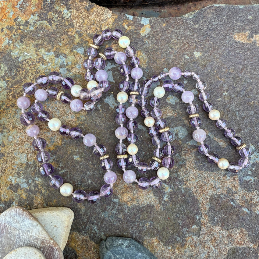 Hand Knotted Pearl & Amethyst Beaded Necklace 35’’ L necklace