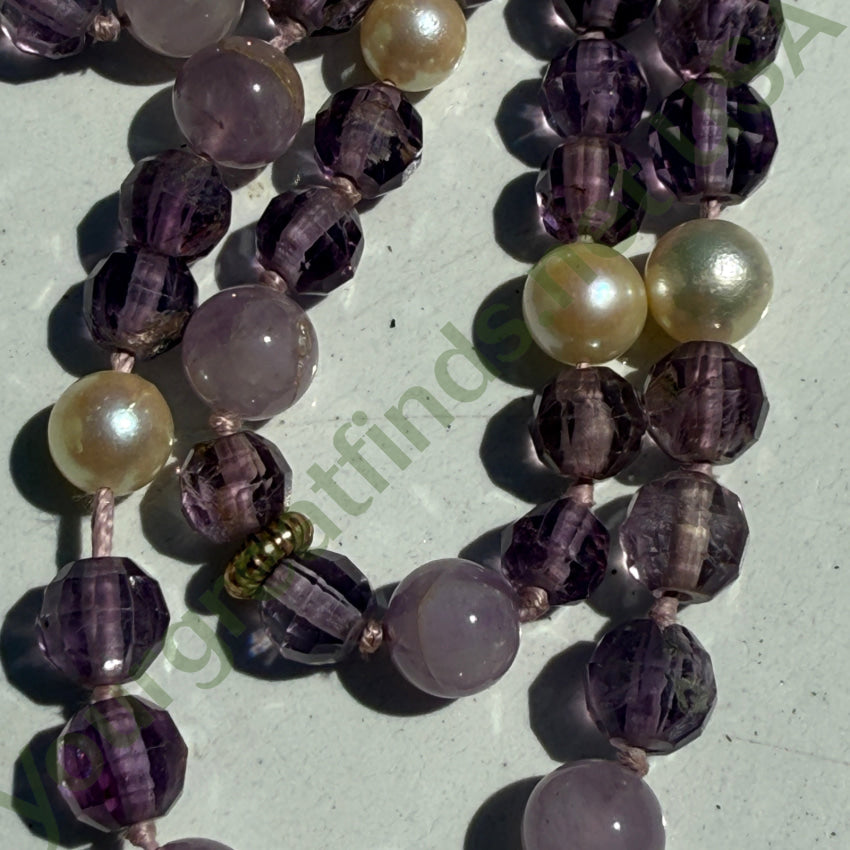 Hand Knotted Pearl & Amethyst Beaded Necklace 35’’ L necklace