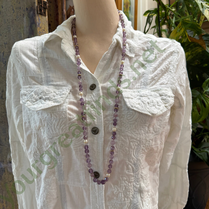 Hand Knotted Pearl & Amethyst Beaded Necklace 35’’ L necklace