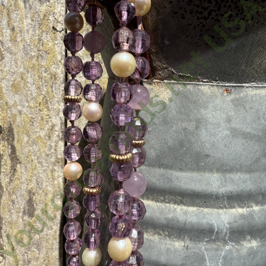 Hand Knotted Pearl & Amethyst Beaded Necklace 35’’ L necklace