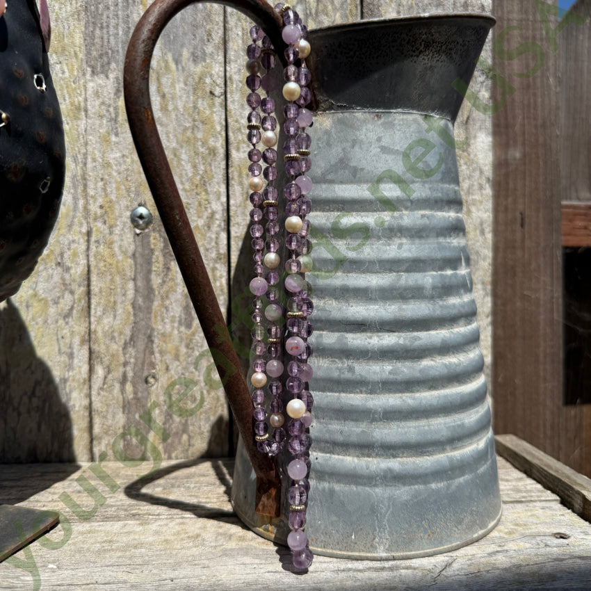Hand Knotted Pearl & Amethyst Beaded Necklace 35’’ L necklace