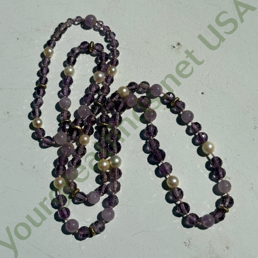 Hand Knotted Pearl & Amethyst Beaded Necklace 35’’ L necklace