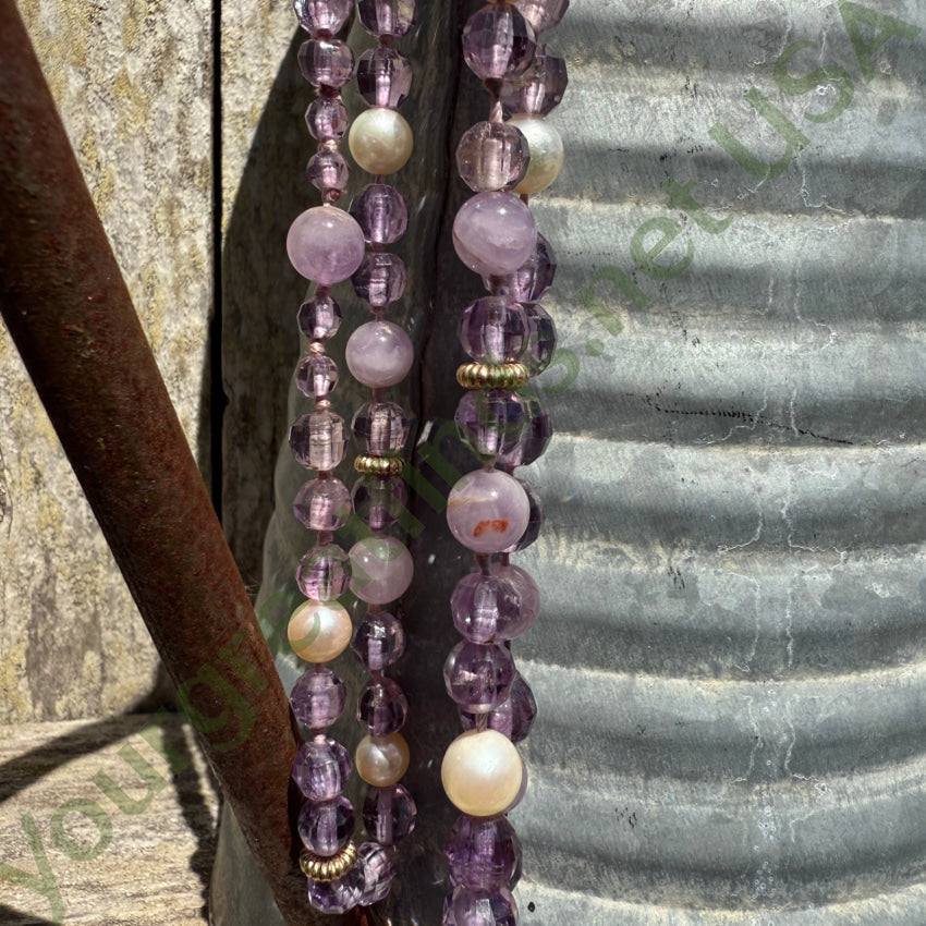 Hand Knotted Pearl & Amethyst Beaded Necklace 35’’ L necklace