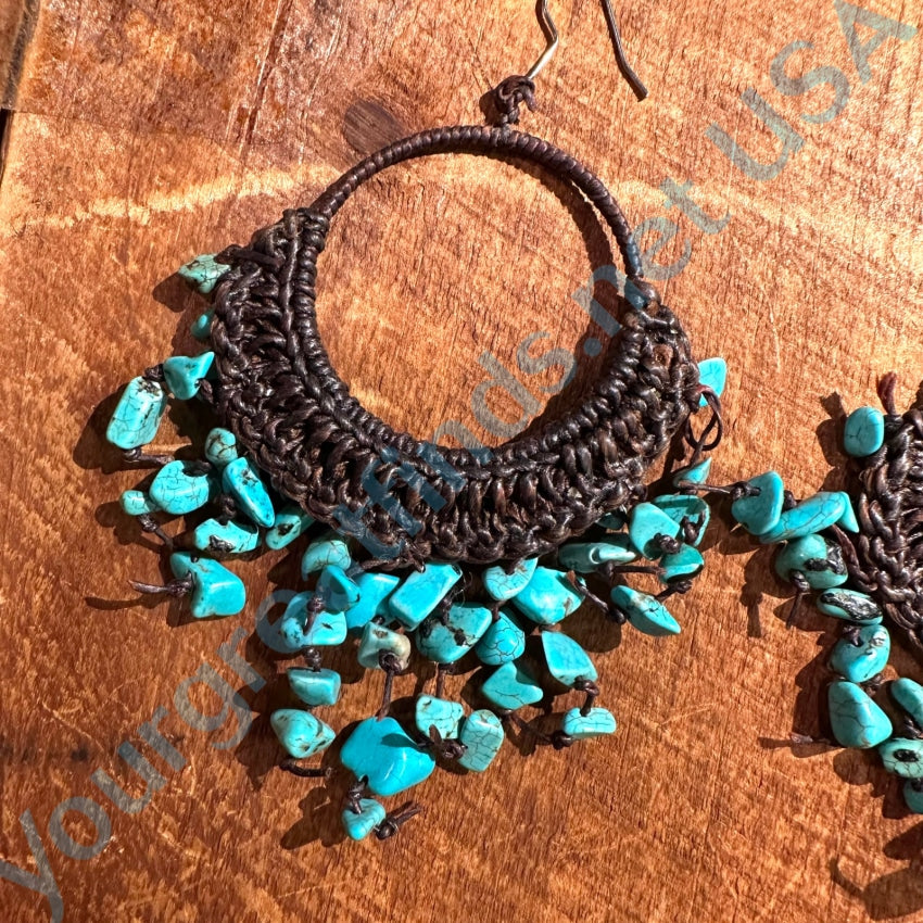 Handmade Dark Brown Macramé &amp; Turquoise Nugget Hoop Earrings