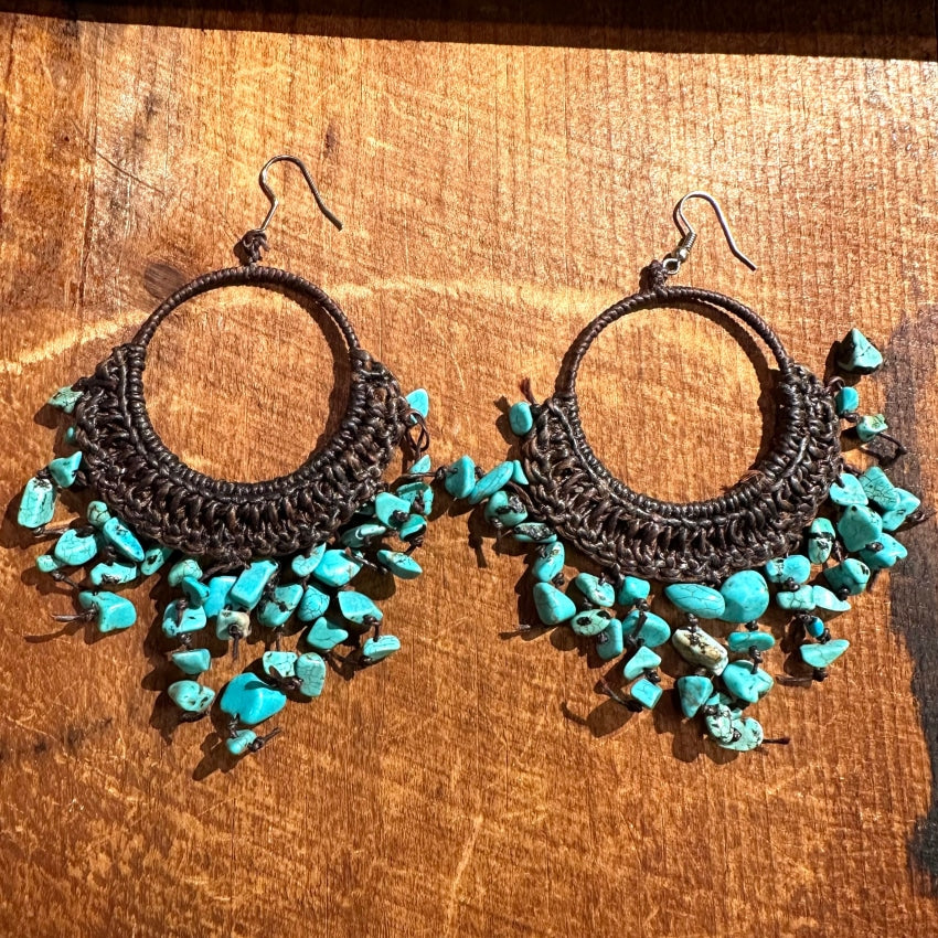 Handmade Dark Brown Macramé & Turquoise Nugget Hoop Earrings