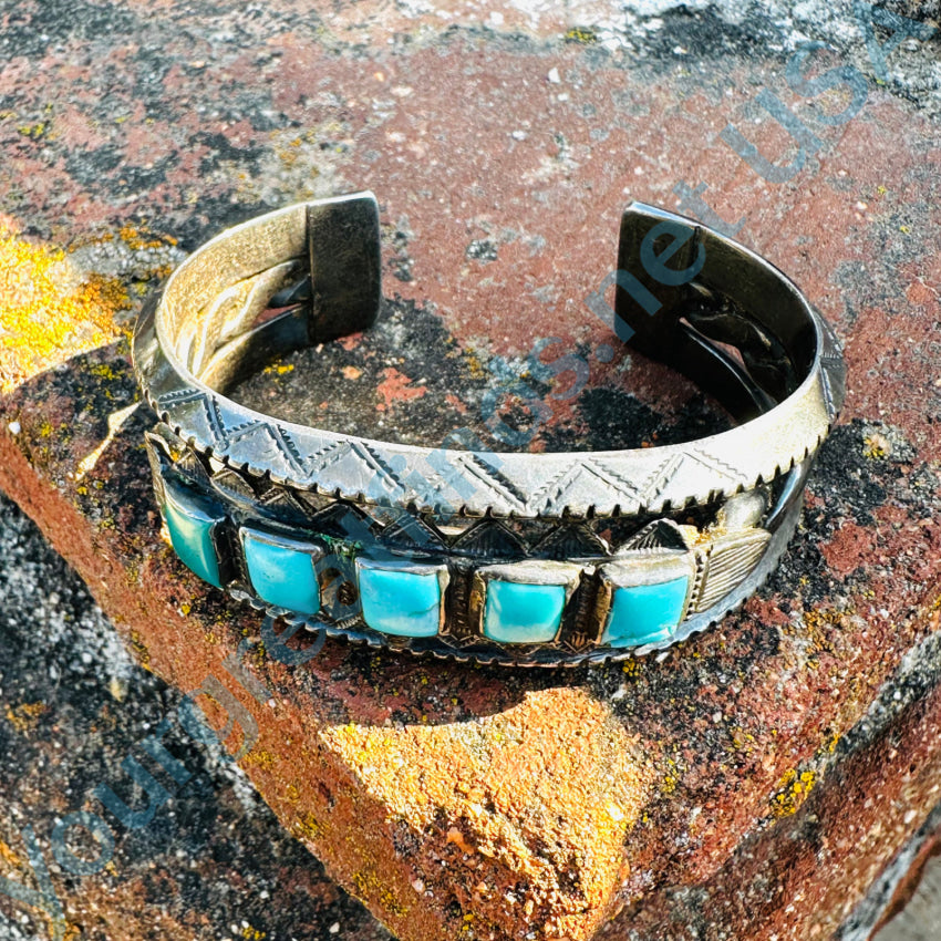 Heavy Navajo Sterling Silver Square Natural Turquoise Cuff Bracelet Fred Harvey Bracelets