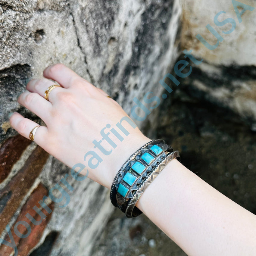 Heavy Navajo Sterling Silver Square Natural Turquoise Cuff Bracelet Fred Harvey Bracelets