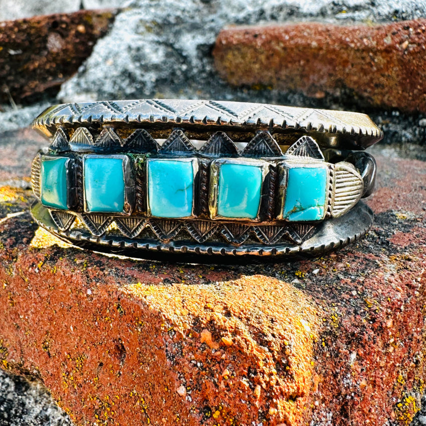 Heavy Navajo Sterling Silver Square Natural Turquoise Cuff Bracelet Fred Harvey Bracelets