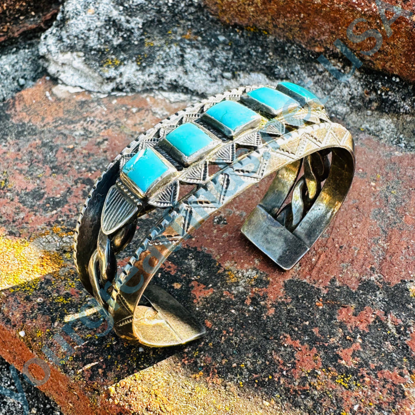 Heavy Navajo Sterling Silver Square Natural Turquoise Cuff Bracelet Fred Harvey Bracelets