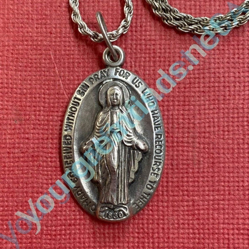 Heavy Solid Sterling Silver Catholic Miraculous Mary Necklace