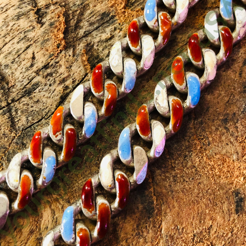 Heavy Sterling Silver Chain Necklace Red White Blue Enamel 20’’ Chain Necklace