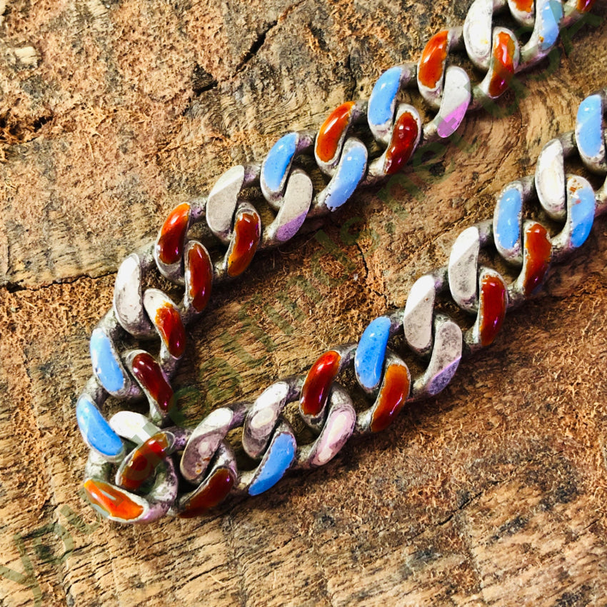 Heavy Sterling Silver Chain Necklace Red White Blue Enamel 20’’ Chain Necklace