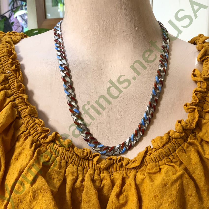Heavy Sterling Silver Chain Necklace Red White Blue Enamel 20’’ Chain Necklace