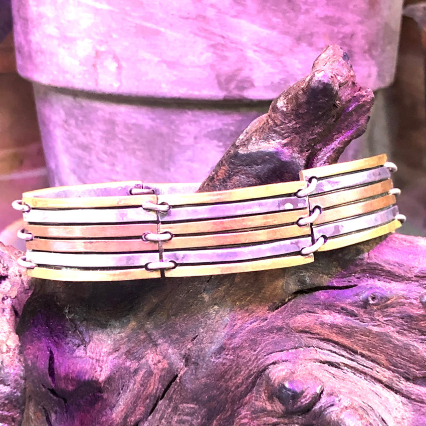 Heavy Tri-Metal Sterling Silver Copper Brass Panel Bracelet Brass