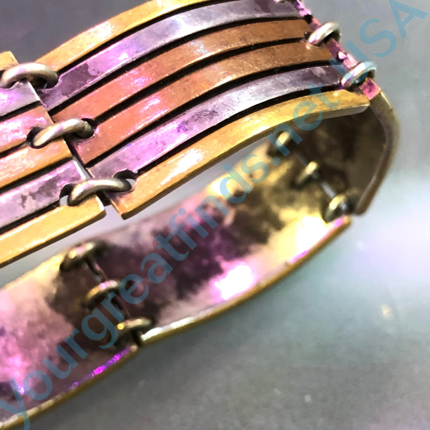 Heavy Tri-Metal Sterling Silver Copper Brass Panel Bracelet Brass