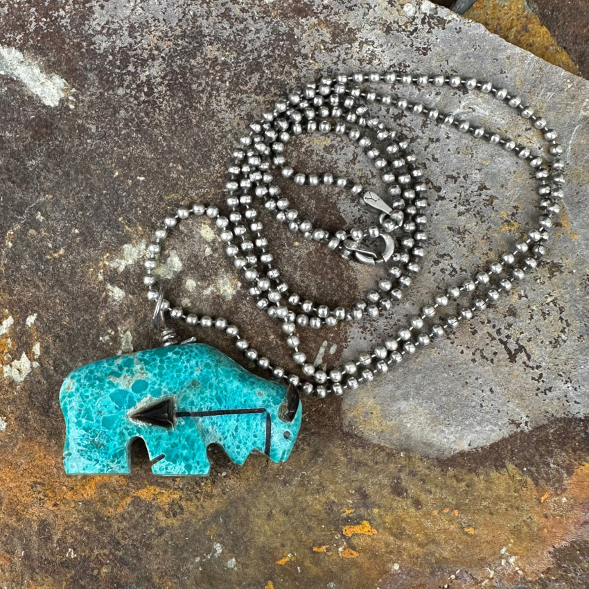 High Grade Turquoise Zuni Bison Fetish Pendant Sterling Silver Necklace Necklace