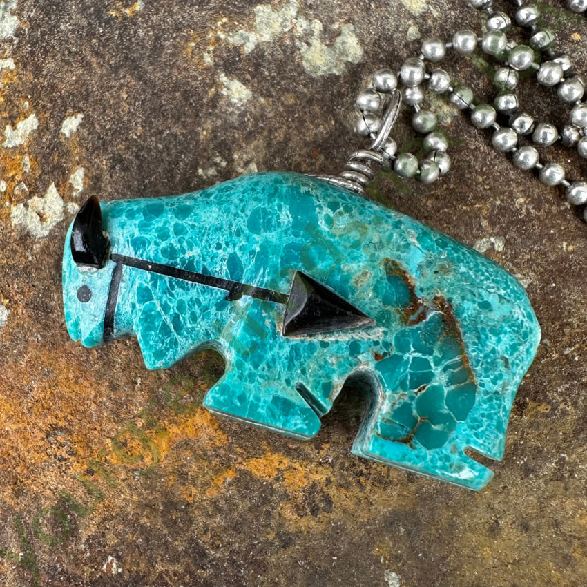 High Grade Turquoise Zuni Bison Fetish Pendant Sterling Silver Necklace Necklace