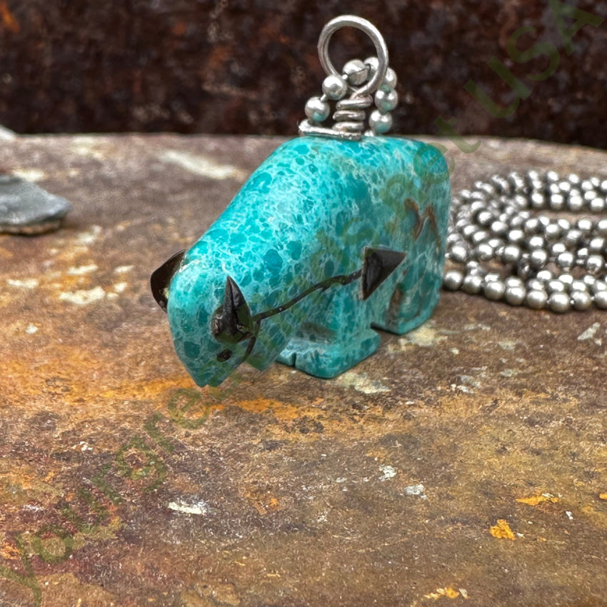 High Grade Turquoise Zuni Bison Fetish Pendant Sterling Silver Necklace Necklace