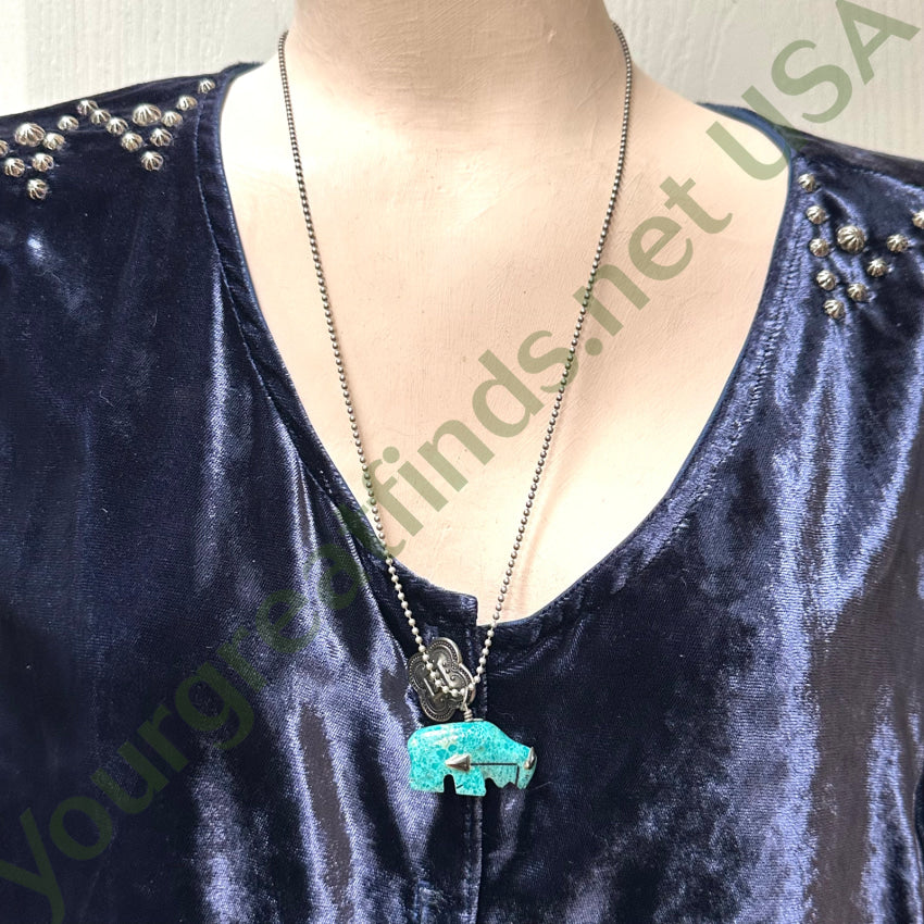 High Grade Turquoise Zuni Bison Fetish Pendant Sterling Silver Necklace Necklace