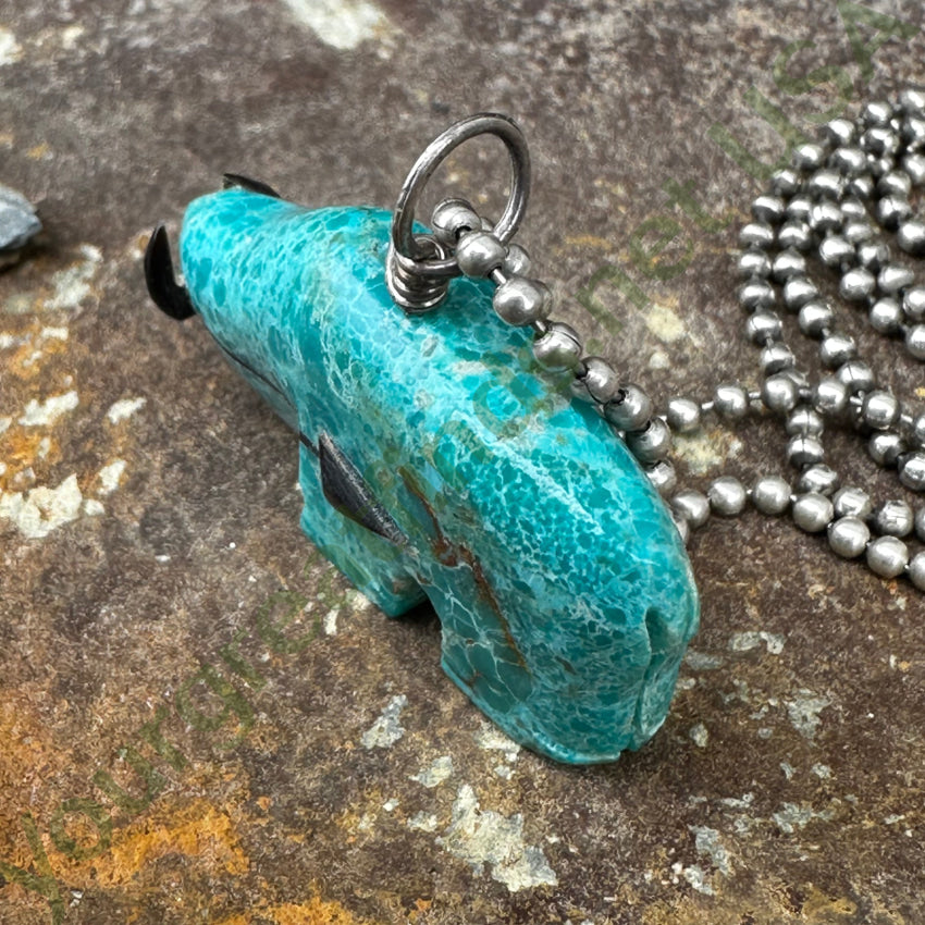 High Grade Turquoise Zuni Bison Fetish Pendant Sterling Silver Necklace Necklace