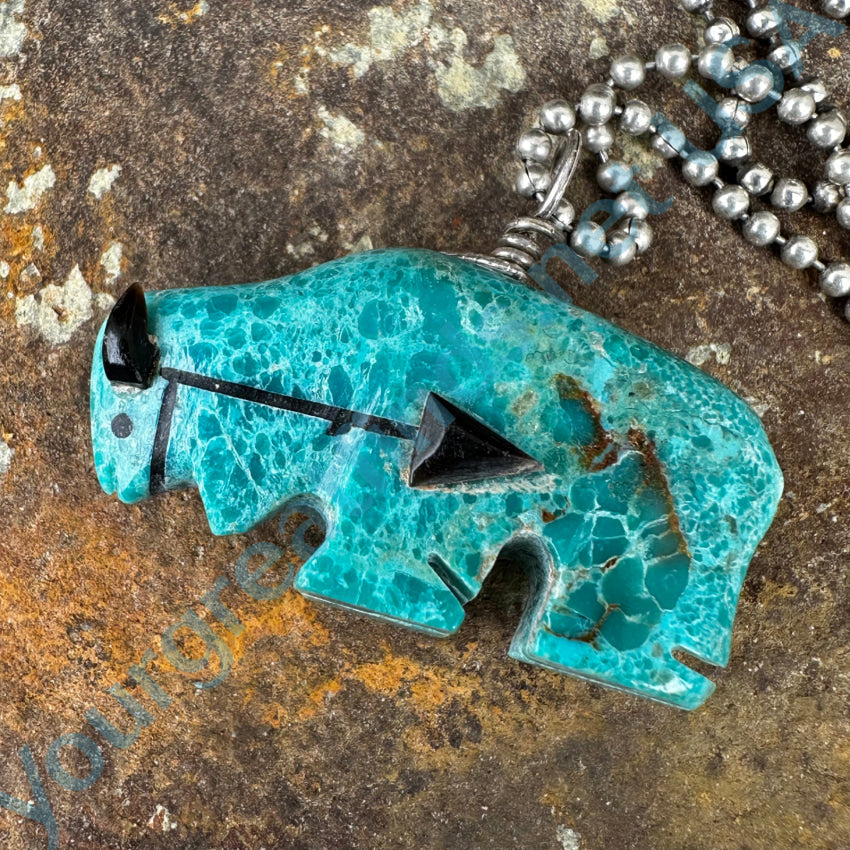 High Grade Turquoise Zuni Bison Fetish Pendant Sterling Silver Necklace Necklace