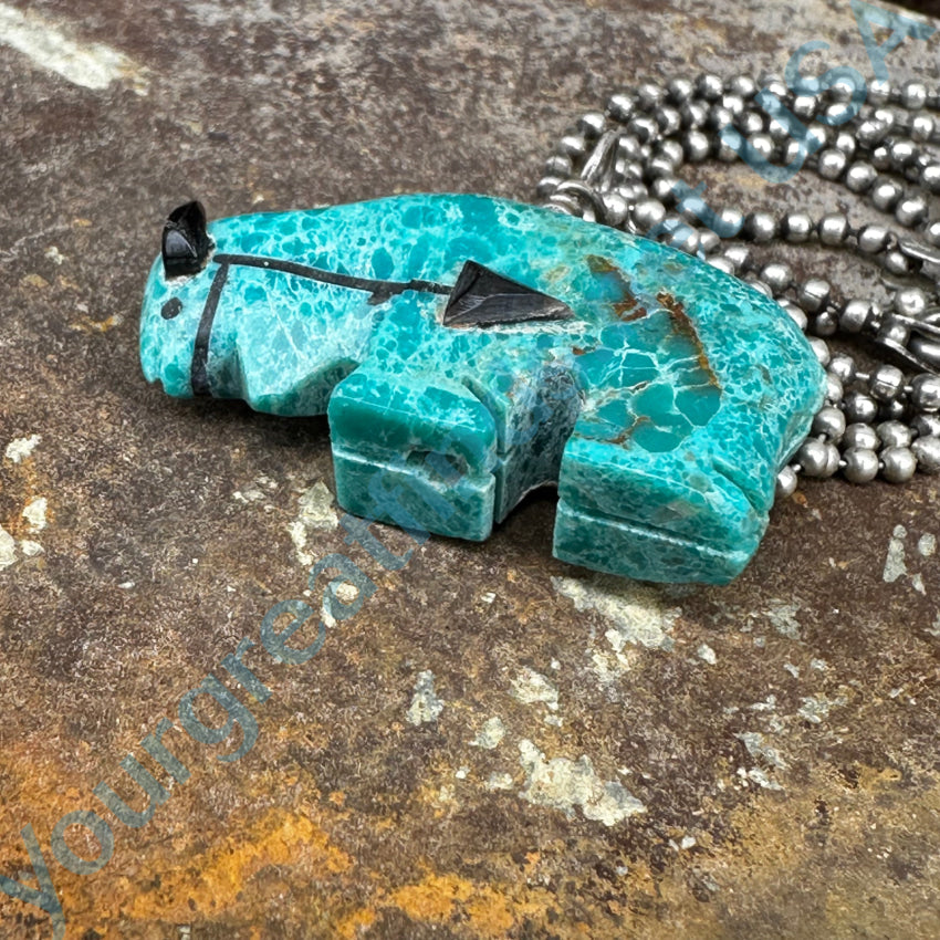 High Grade Turquoise Zuni Bison Fetish Pendant Sterling Silver Necklace Necklace