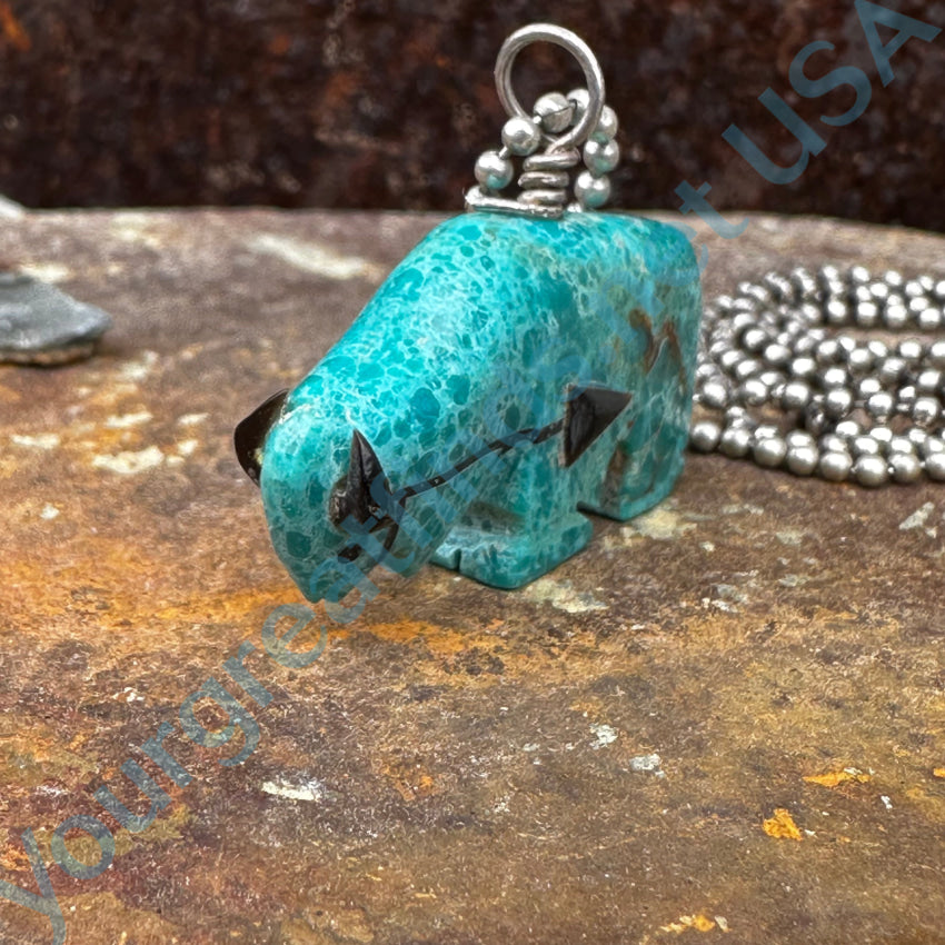 High Grade Turquoise Zuni Bison Fetish Pendant Sterling Silver Necklace Necklace