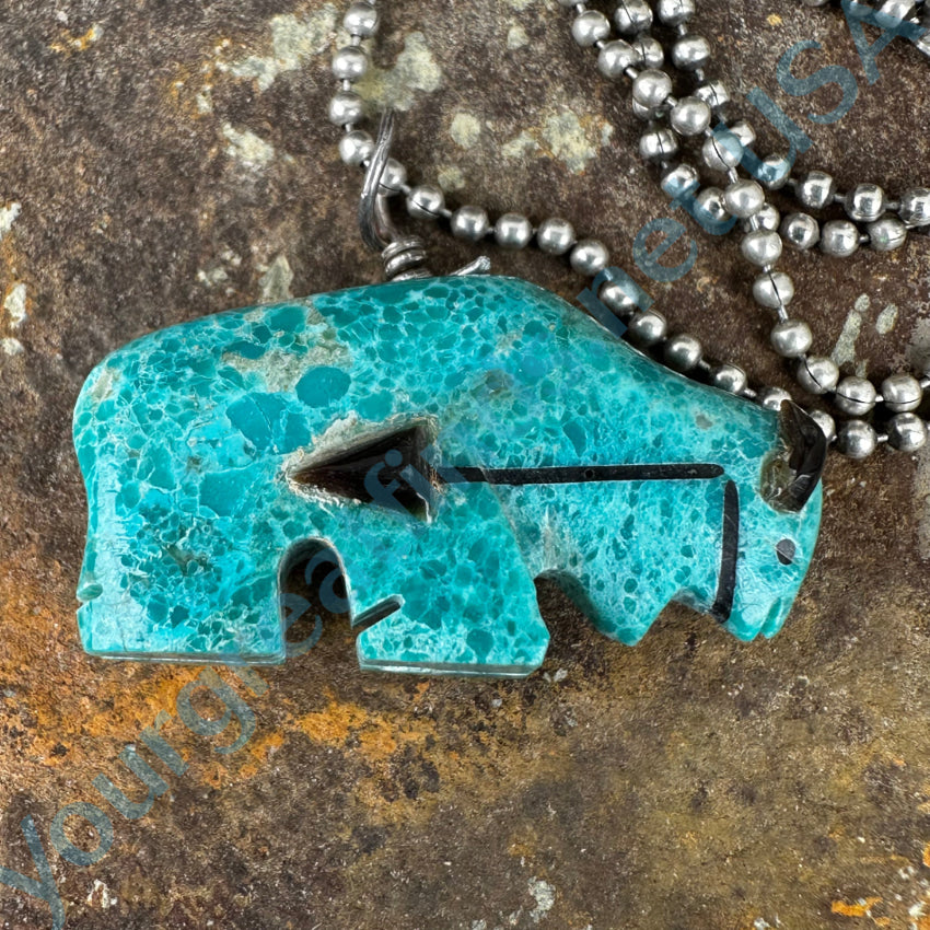 High Grade Turquoise Zuni Bison Fetish Pendant Sterling Silver Necklace Necklace