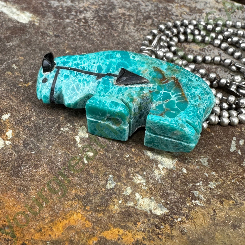High Grade Turquoise Zuni Bison Fetish Pendant Sterling Silver Necklace Necklace