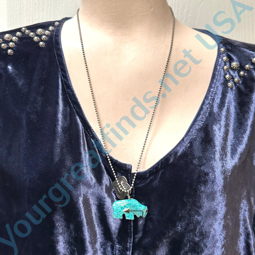 High Grade Turquoise Zuni Bison Fetish Pendant Sterling Silver Necklace Necklace