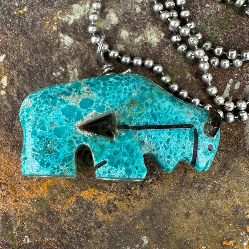 High Grade Turquoise Zuni Bison Fetish Pendant Sterling Silver Necklace Necklace