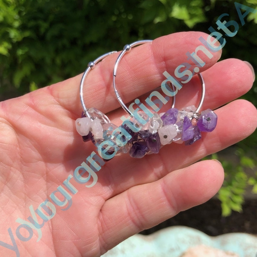 Hoop Pierced Earrings with Quartz and Amethyst Drops. Sterling Silver Yourgreatfinds