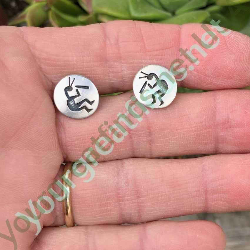Hopi Silver Stud Earrings with Kokopelli in Overlay Sterling Pierced Yourgreatfinds