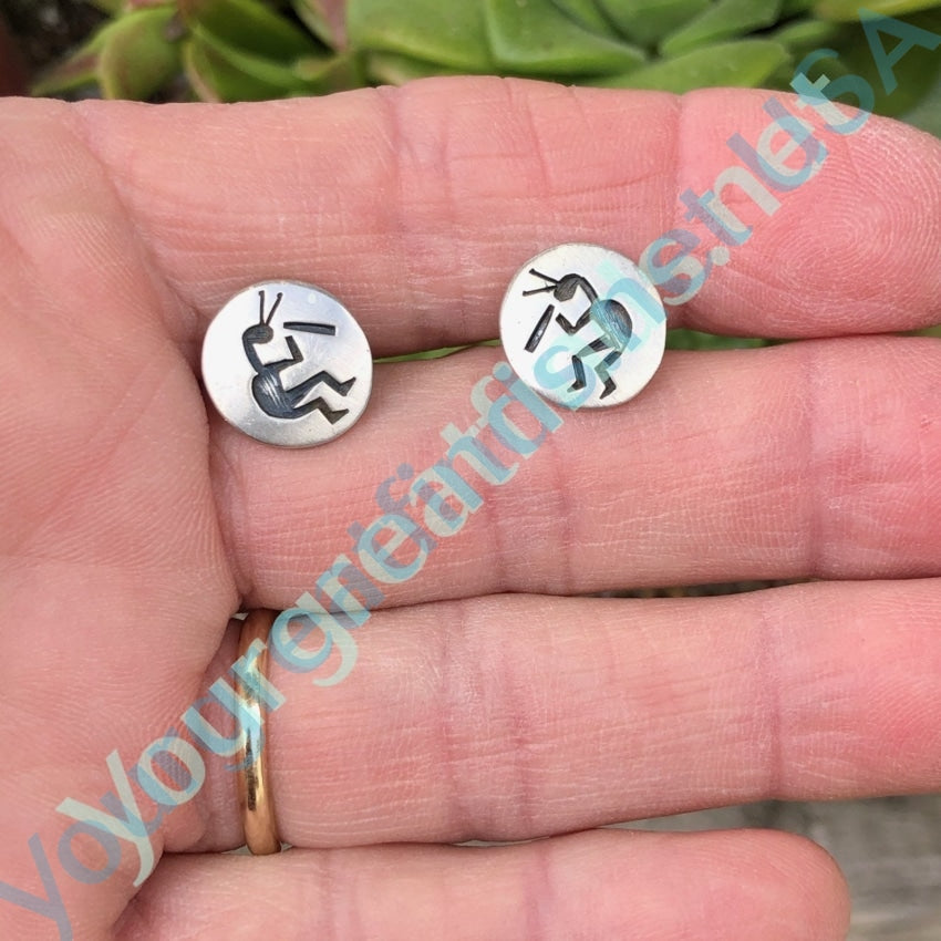 Hopi Silver Stud Earrings with Kokopelli in Overlay Sterling Pierced Yourgreatfinds