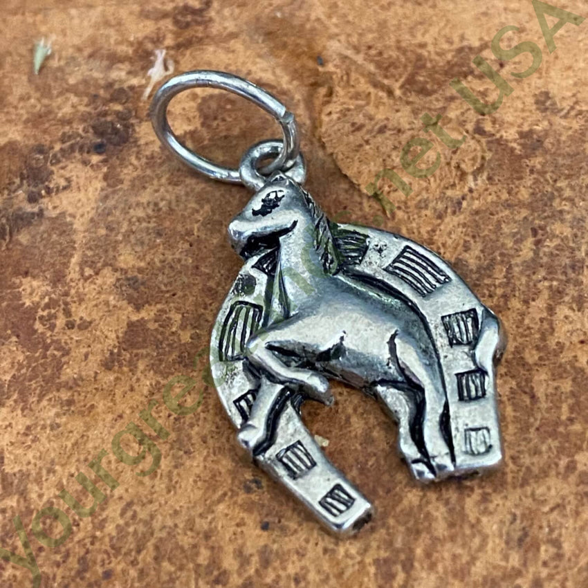 Horse And Horseshoe Pendant Charm In Sterling Silver Vintage