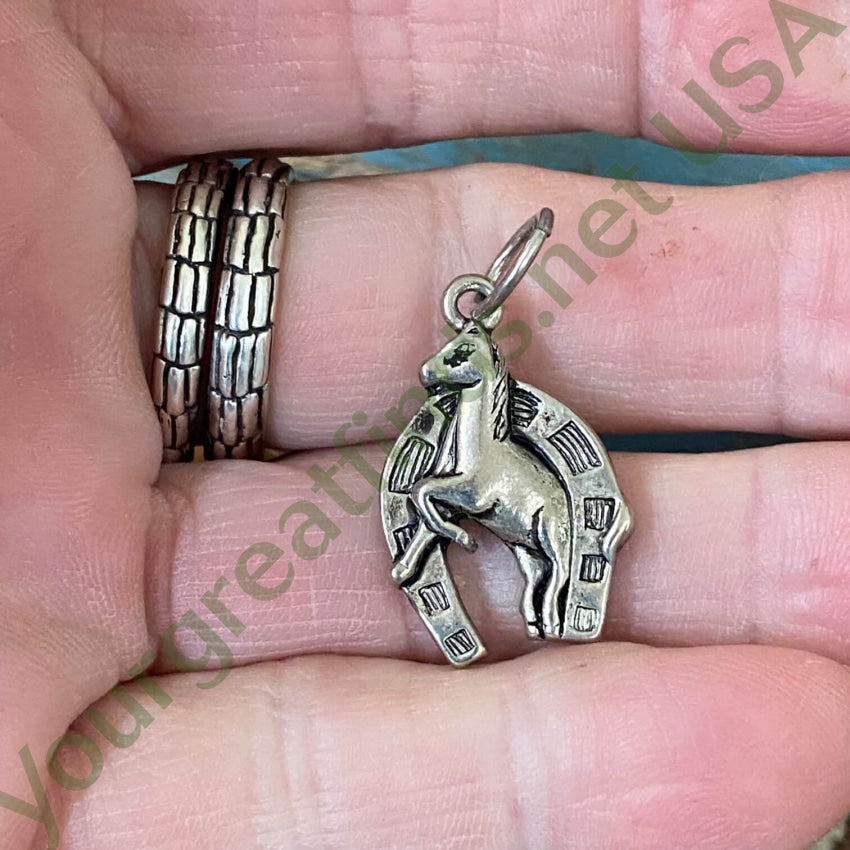 Horse And Horseshoe Pendant Charm In Sterling Silver Vintage