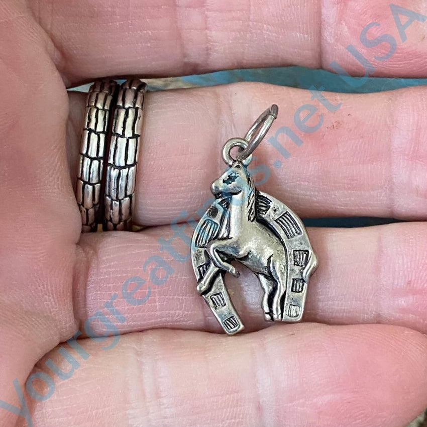Horse And Horseshoe Pendant Charm In Sterling Silver Vintage