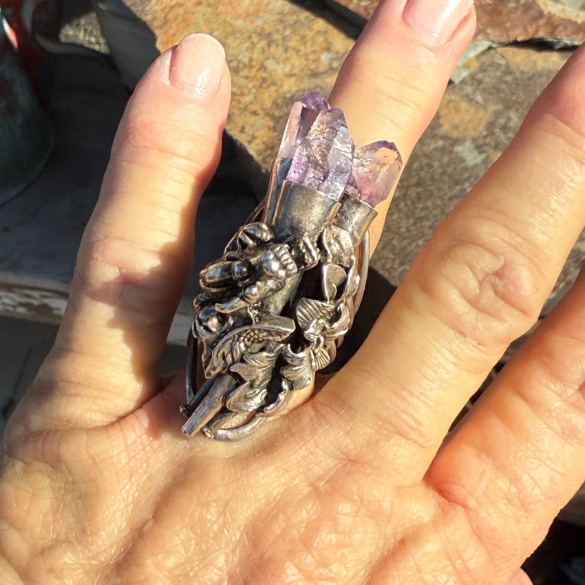 Huge Artisan Triple Amethyst Point Floral Dragon Ring Size 8 925 Ring