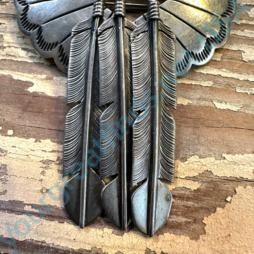 Huge Navajo Sterling Silver Concho 3 Feather Pin