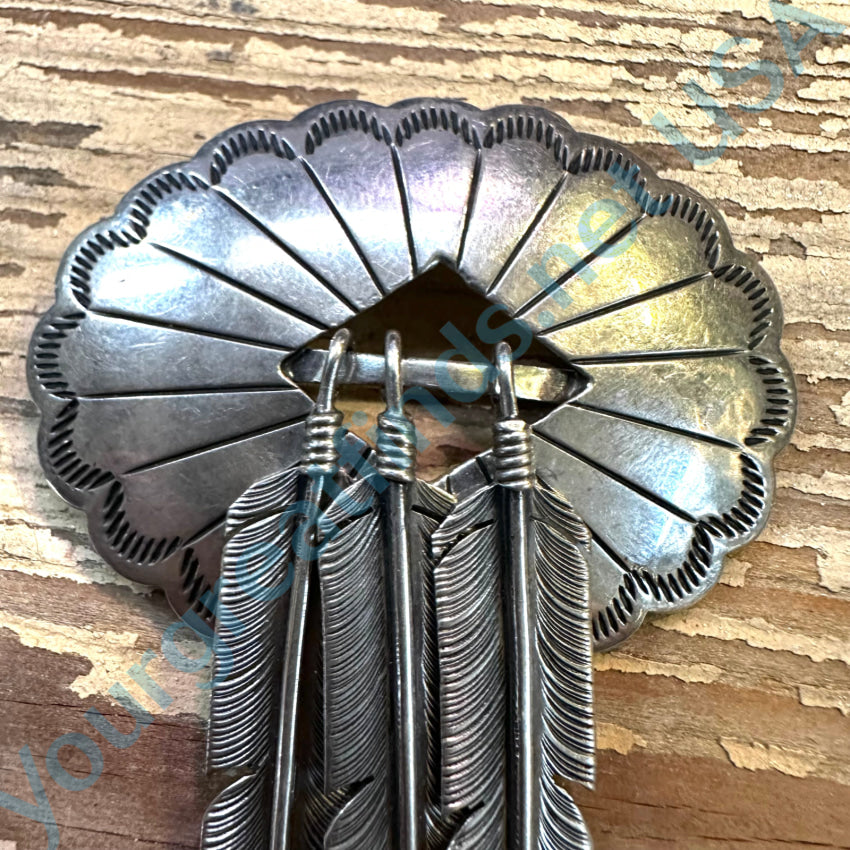 Huge Navajo Sterling Silver Concho 3 Feather Pin