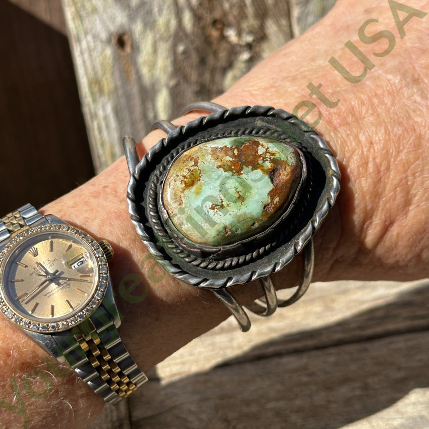 Huge Navajo Sterling Silver Cuff Bracelet Natural Green Brown Turquoise Bracelet