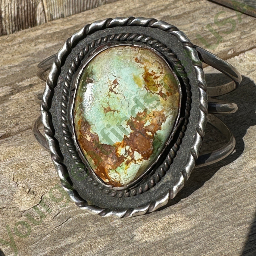 Huge Navajo Sterling Silver Cuff Bracelet Natural Green Brown Turquoise Bracelet