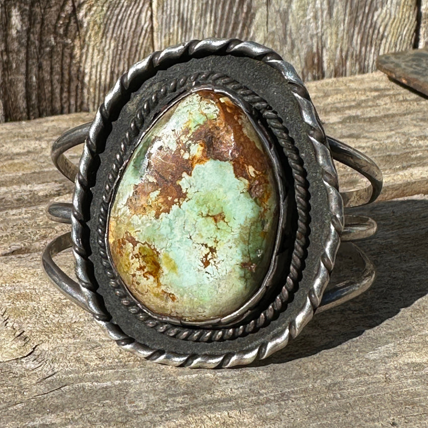 Huge Navajo Sterling Silver Cuff Bracelet Natural Green Brown Turquoise Bracelet