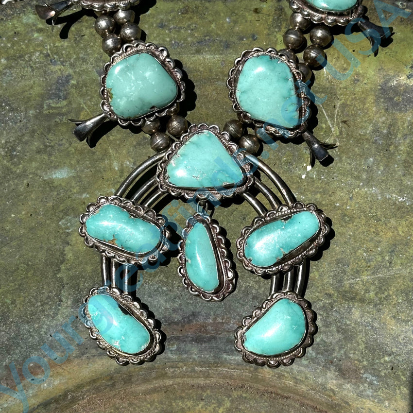 Huge Navajo Sterling Silver Squash Blossom Necklace Cripple Creek Turquoise