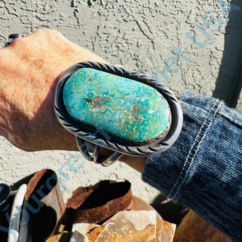 Huge Signed Navajo Sterling Silver & Natural Mottled Turquoise Cuff Bracelet Bracelet