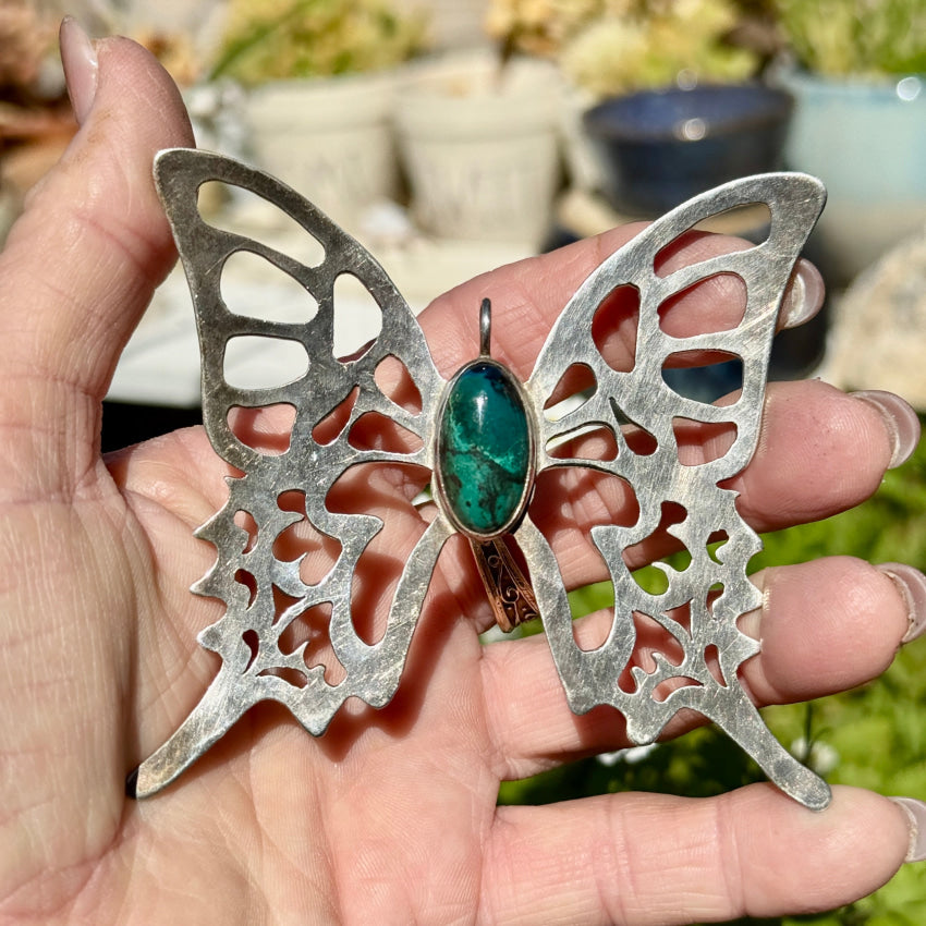 Huge Sterling Silver & Chrysocolla Butterfly Pendant & Chain Necklace pendant